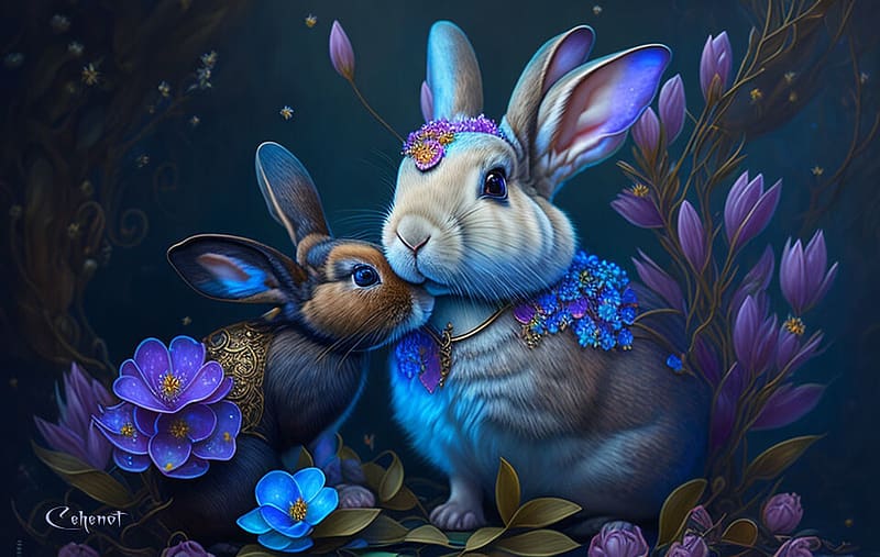Bunnies, couple, rabbit, dark, blue, flowrr, by cehenot, art, cehenot ...