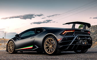 2019, Lamborghini Huracan Performante, rear view, exterior, matte black supercar, tuning Huracan, matte black Huracan, Italian flag, Italian sports car, Lamborghini, HD wallpaper
