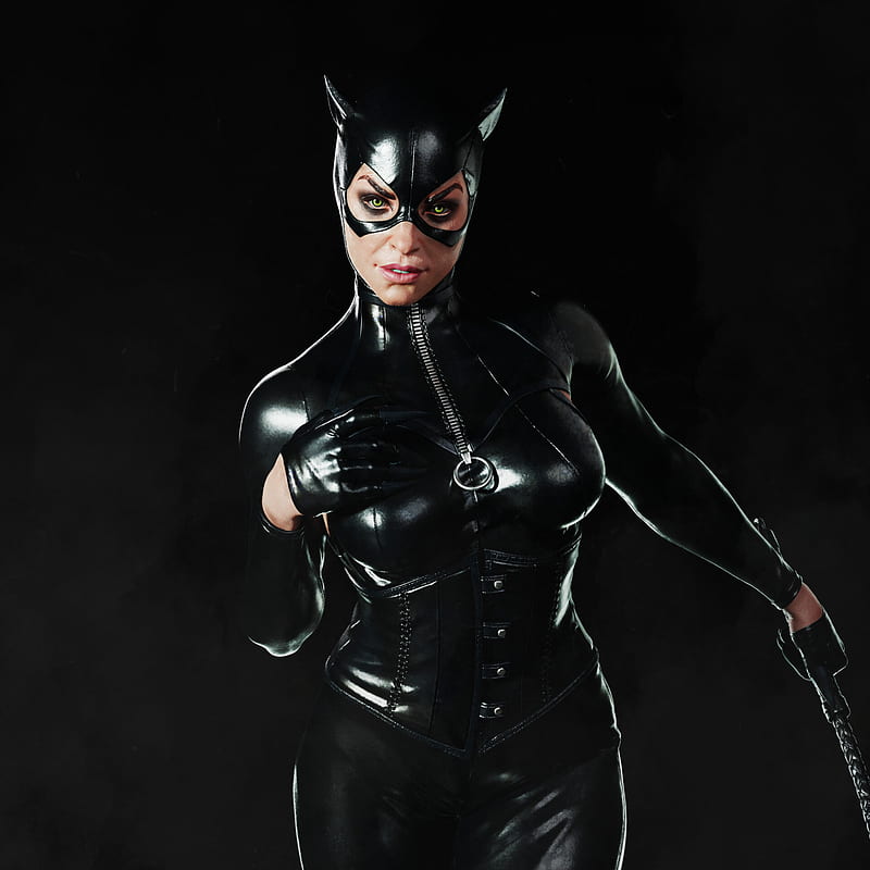 Catwoman, CGI, digital art, women, mask, latex, simple background, black background, looking at viewer, glowing eyes, cat eyes, HD phone wallpaper