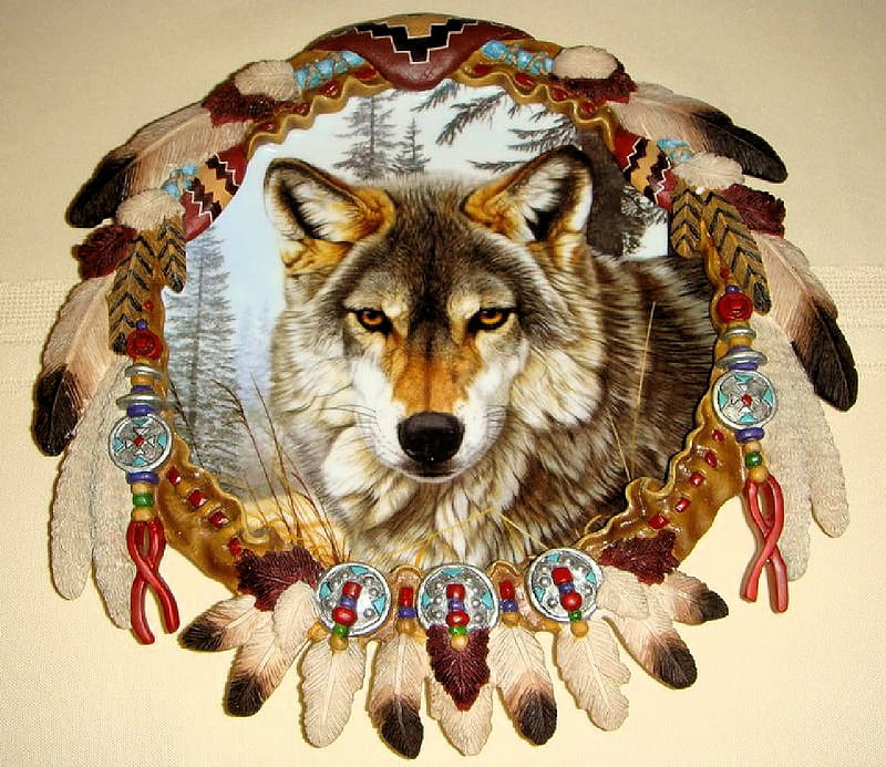 Dreamcatcher, art, native, wolf, feathers, HD wallpaper