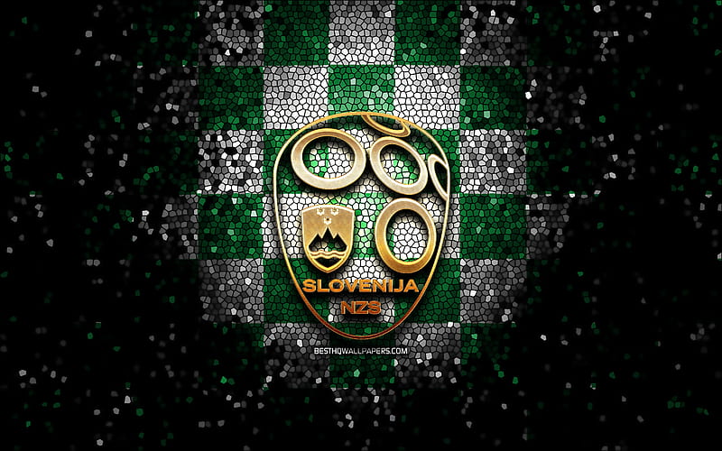 Slovenian football team, glitter logo, UEFA, Europe, green white checkered background, mosaic art, soccer, Slovenia National Football Team, SNZS logo, football, Slovenia, HD wallpaper