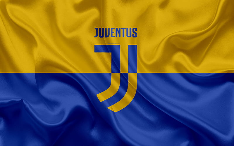 Juventus football club, yellow-blue silk texture, Italy, Serie A, Italian football championship, football, new Juventus logo, HD wallpaper