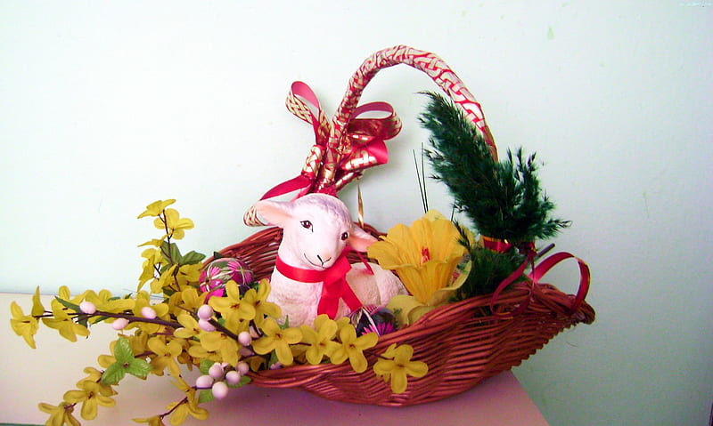 Easter Greetings, blossoms, easteregg, lamb, basket, HD wallpaper