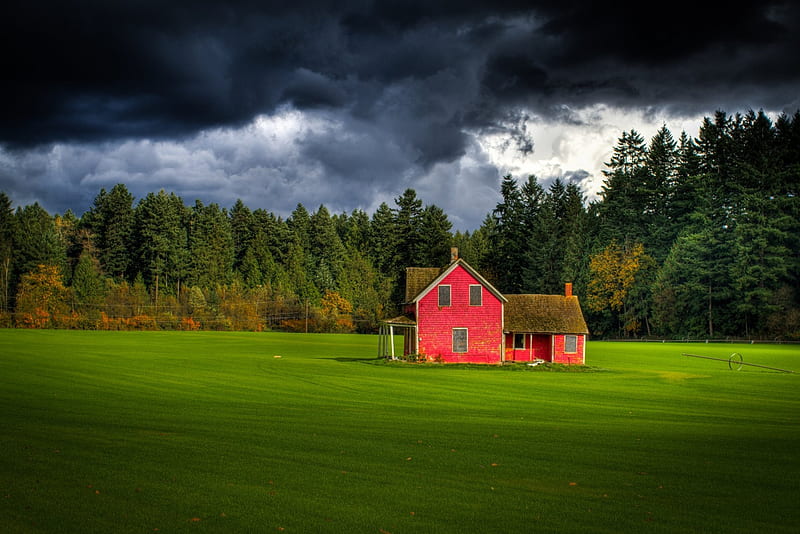 Red Farm House,Canada, farm, red, forest, house, nature, trees, clouds, field, HD wallpaper