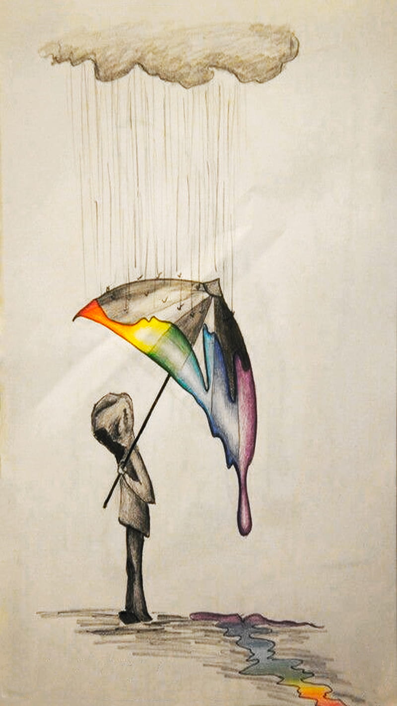 Colour, cartoon, col, color, drawing, rain, sad, umbrella, HD phone  wallpaper | Peakpx