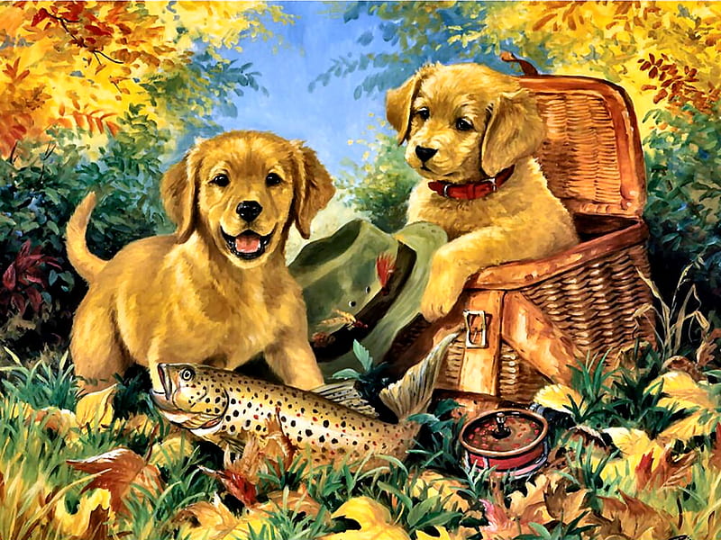 Fishing Buddies - Dogs F, art, fish, bonito, pets, illustration, artwork, canine, animal, puppies, painting, wide screen, trout, dogs, HD wallpaper
