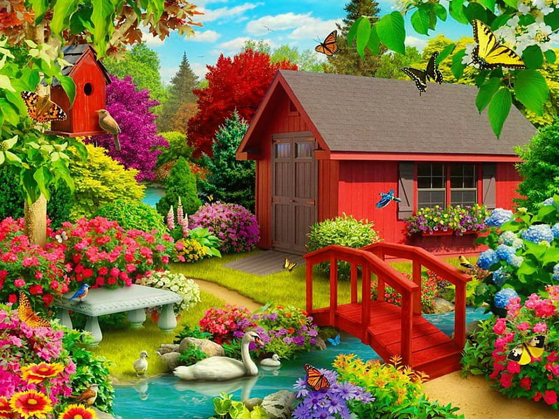 Over the bridge, colorful, art, house, cottage, bonito, butterflies, spring, trees, pond, paradise, bridge, flowers, garden, HD wallpaper