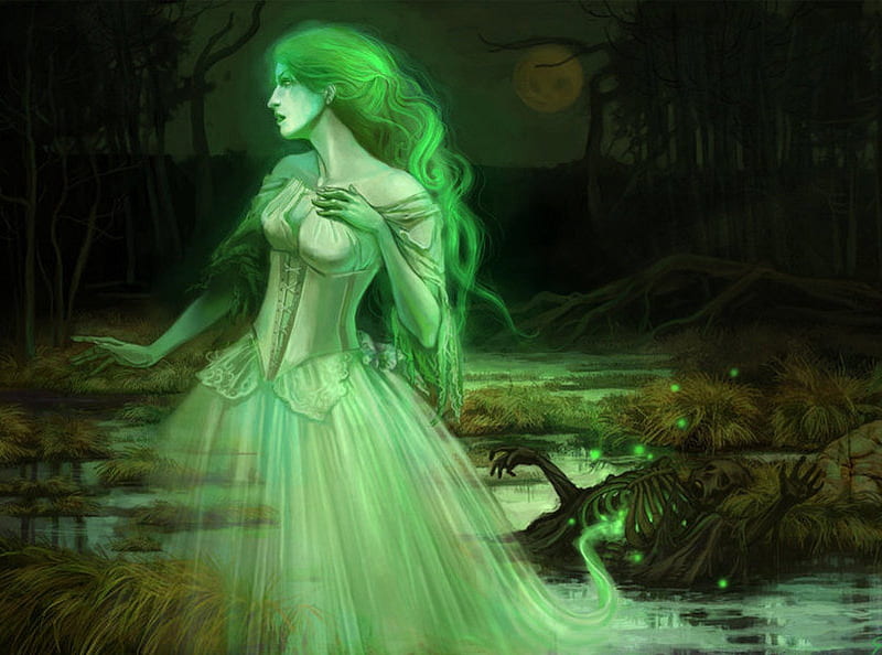 Ghost Lady, fantasy, ghost, woman, green, HD wallpaper