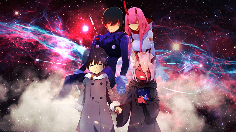 darling in the franxx zero two hiro with background of stars and lightnings anime, HD wallpaper