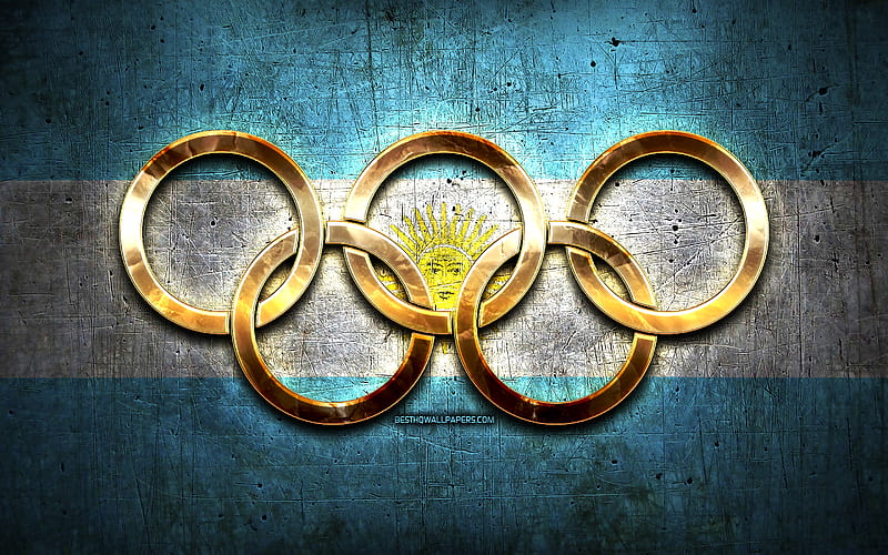 Argentinian olympic team, golden olympic rings, Argentina at the Olympics, creative, Argentinian flag, metal background, Argentina Olympic Team, flag of Argentina, HD wallpaper