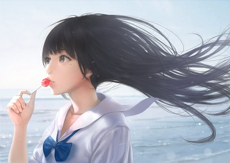 beautiful anime girl, school uniform, lollipop, long hair, wind, Anime, HD wallpaper