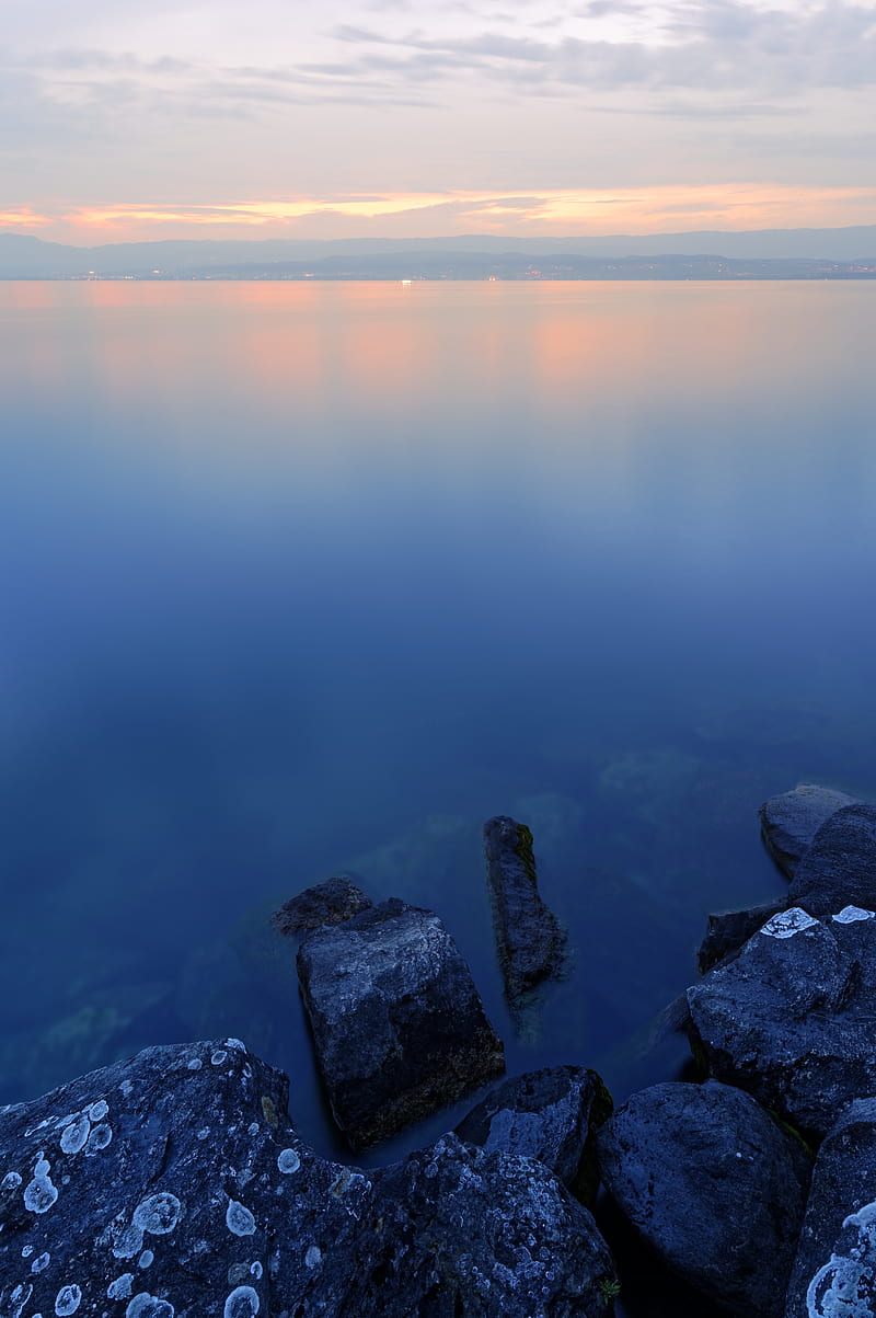 lake, stones, water, horizon, landscape, HD phone wallpaper