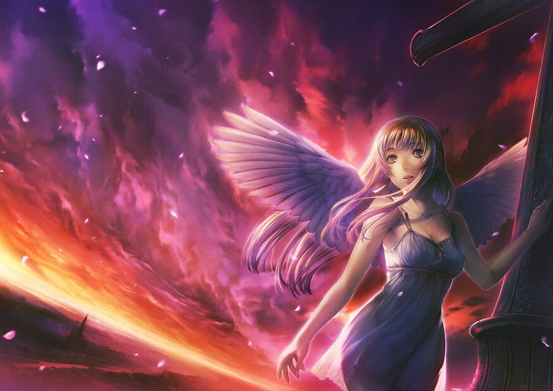 beautiful angel, purple, pink, angel, animee, HD wallpaper