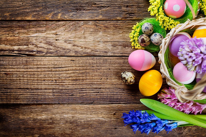 Happy Easter!, holiday, decoration, spring, bonito, easter, happy, eggs, flowers, wooden, HD wallpaper