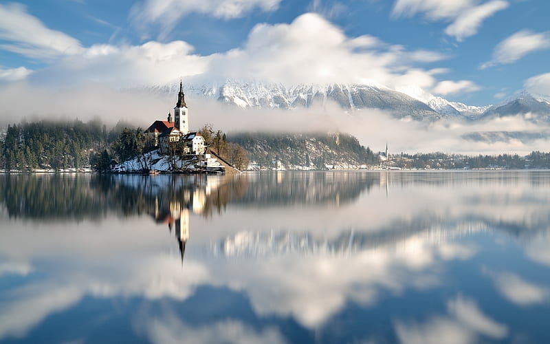 Lake Bled, Slovenia, mountain, island, church, reflection, lake, monastery, Slovenia, HD wallpaper
