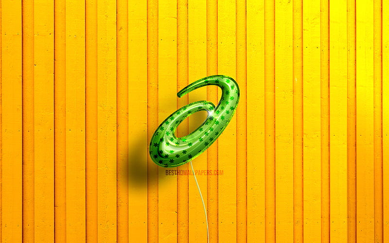 ASICS 3D logo green realistic balloons, yellow wooden backgrounds, sports brands, ASICS logo, ASICS, HD wallpaper