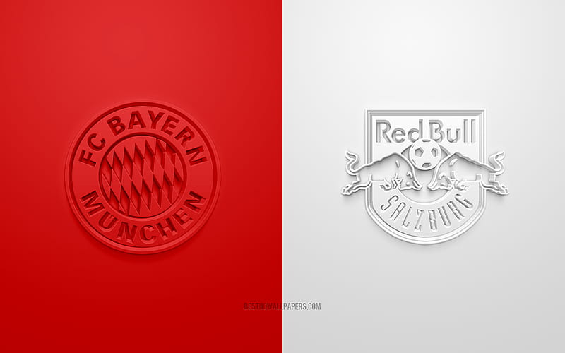 Bayern Munich vs Red Bull Salzburg, UEFA Champions League, Group А, 3D logos, red white background, Champions League, football match, FC Bayern Munich, Red Bull Salzburg, HD wallpaper
