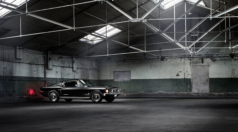 Ford-Mustang-Fastback, Classic, Black, Ford, Garage, HD wallpaper