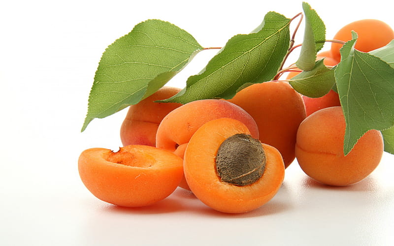 Apricots, orange, food, sweet, dessert, leaf, fruit, green, apricot, white, HD wallpaper