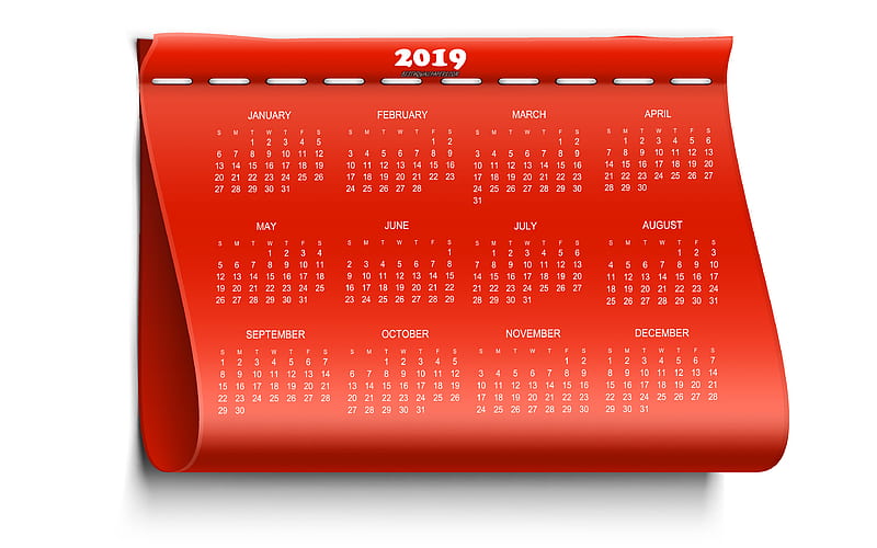 Calendar for 2019, red element, 2019 red calendar, 2019, all months, 2019 calendar, HD wallpaper