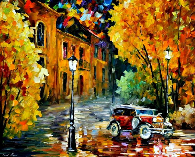 Belgium, red, autumn, orange, lantern, city, car, painting, pictura, light, street, vintage, night, art, retro, tree, leonid afremov, HD wallpaper