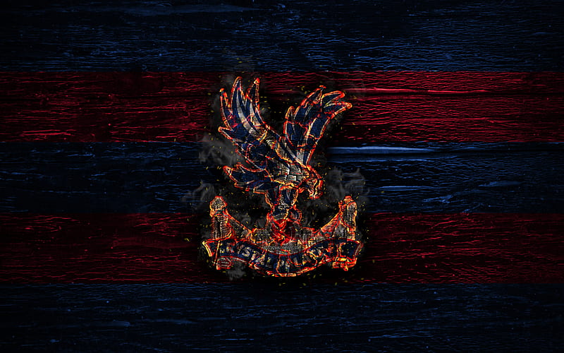 Crystal Palace, fire logo, Premier League, blue and red lines, english football club, grunge, football, soccer, logo, wooden texture, England, HD wallpaper