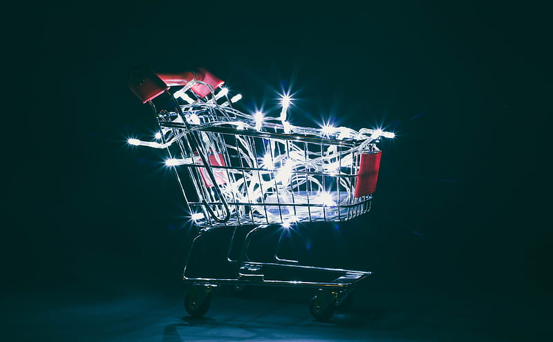 Christmas Shopping Cart Ultra, Holidays, Christmas, Lights, Xmas, December, Shopping, Market, Shop, shoppingcart, supermarket, HD wallpaper