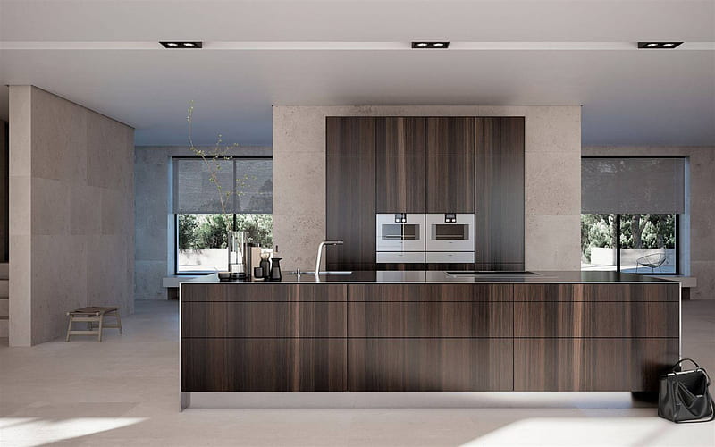 stylish modern kitchen interior design, wooden dark brown furniture, stylish interior, kitchen, modern interior, dining room, HD wallpaper