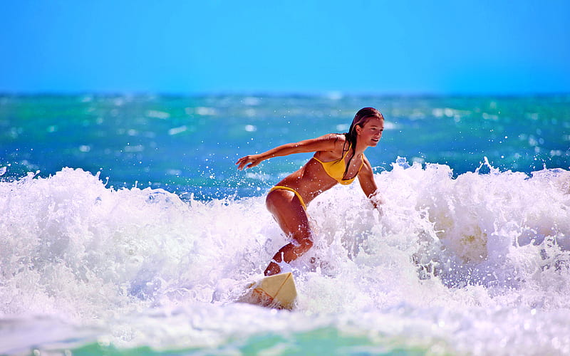 Surfing in Ocean, girl, surfing, wave, ocean, HD wallpaper