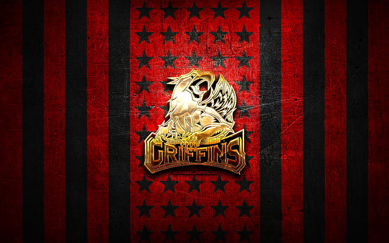 Grand Rapids Griffins flag, AHL, red black metal background, american hockey team, Grand Rapids Griffins logo, USA, hockey, golden logo, Grand Rapids Griffins, HD wallpaper