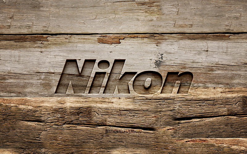 Nikon wooden logo, , wooden backgrounds, brands, Nikon logo, creative, wood carving, Nikon, HD wallpaper