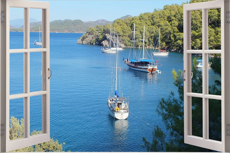 View of Harbor, Sail boats, View, Harbor, Window, HD wallpaper
