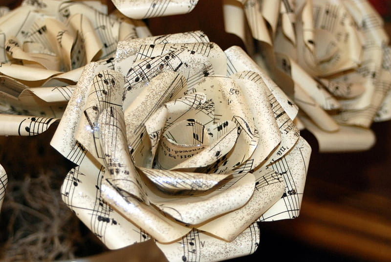 Musical Flowers, still life, graphy, notes, music, flowers, roses, white, sheet, HD wallpaper