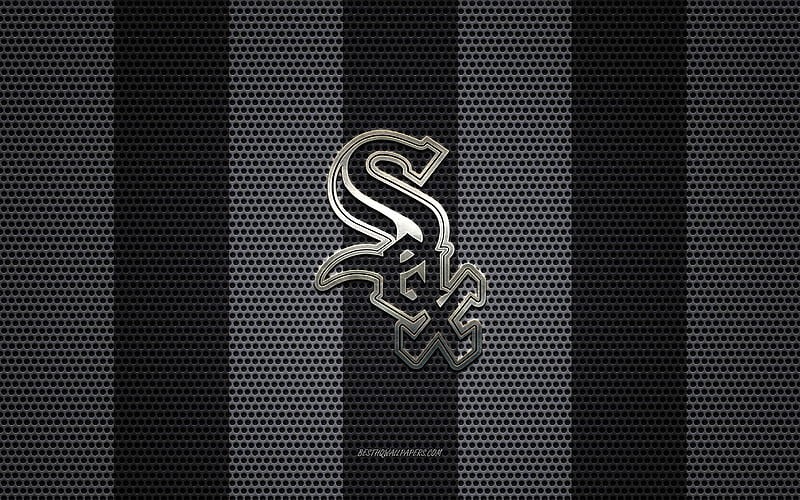 Chicago White Sox logo, American baseball club, metal emblem, black and white metal mesh background, Chicago White Sox, MLB, Chicago, Illinois, USA, baseball, HD wallpaper