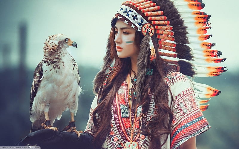 Indian, native American, pretty, girl, birds, hawk, bonito, woman, feathers, HD wallpaper