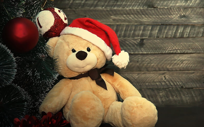 New Year, teddy bear, toy, Christmas, Happy New Year, Christmas tree, Christmas red balls, HD wallpaper