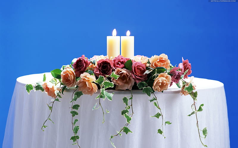 Flowers & Candles, table, burning candles, two, flowers, wedding arrangement, bonito, white, fullcolours, HD wallpaper