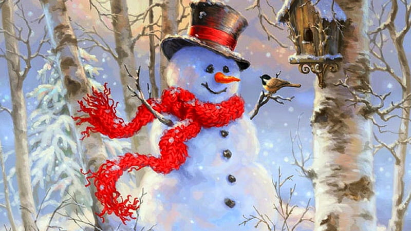 ★Happy Snowman★, pretty, Christmas, holidays, lovely, white trees ...