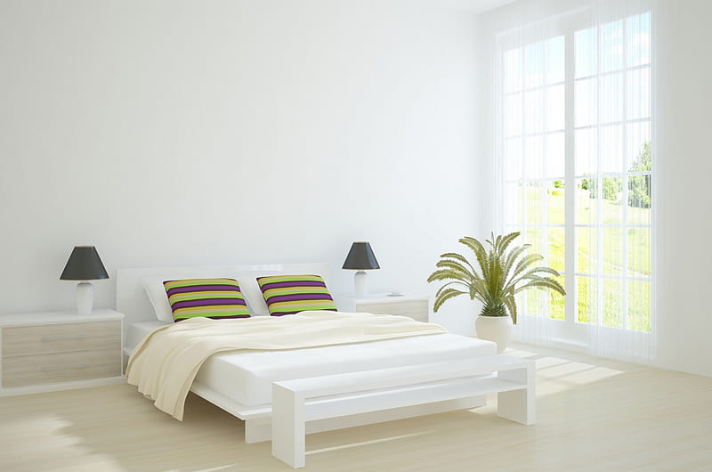 White Interior Design, window, interior, desenho, bedroom, room, white, bed, HD wallpaper