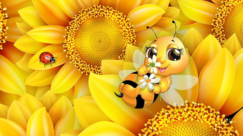 Sunflower's Bee, fall, bumble bee, autumn, floral, Firefox Pesona theme, ladybug, sunflowers, summer, flowers, HD wallpaper