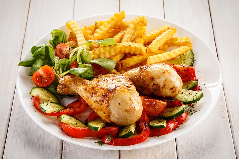 Food, Meal, Chicken, Vegetable, French Fries, HD wallpaper