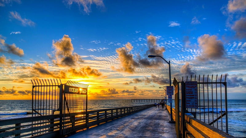 gates open on ocean beach pier in san diego, gates, pier, sunset, clouds, sea, HD wallpaper