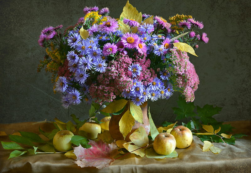 Still life with flowers, Apples, Leaves, Asters, Autumn, Bouquet, HD wallpaper
