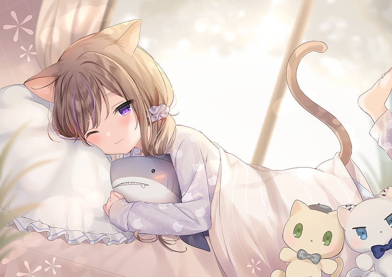 anime girl, lying down, stuffed toys, animal ears, tail, pillow, Anime, HD wallpaper