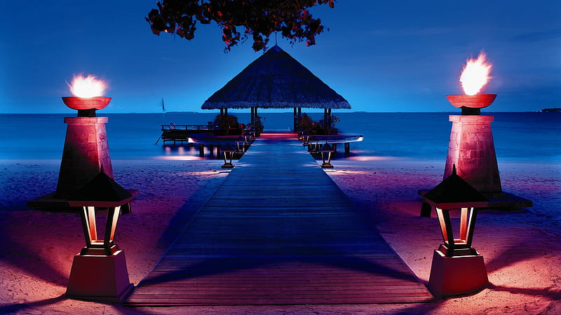 Honeymoon in Maldives, Sky, Evening, Pier, Romantic, Dusk, HD wallpaper