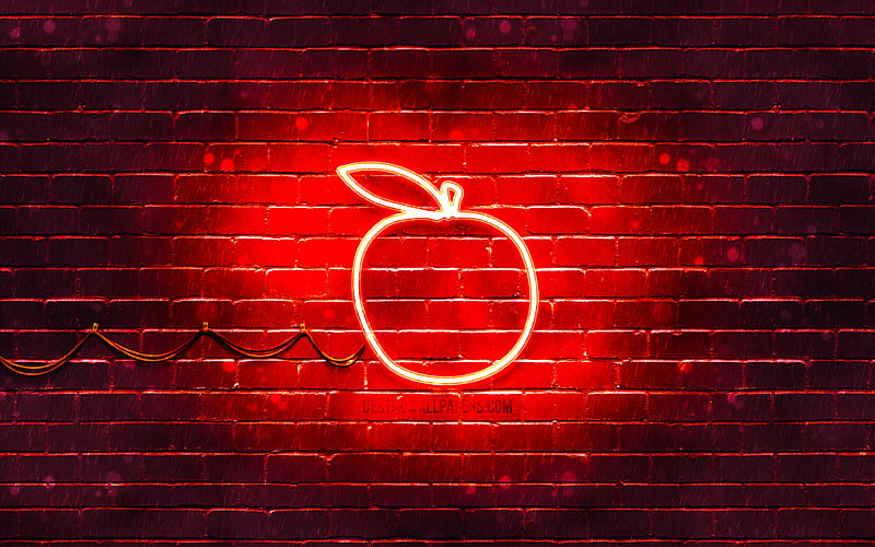 Red Apple neon icon Red background, neon symbols, Red Apple, neon icons, Apple sign, food signs, Apple icon, food icons, HD wallpaper
