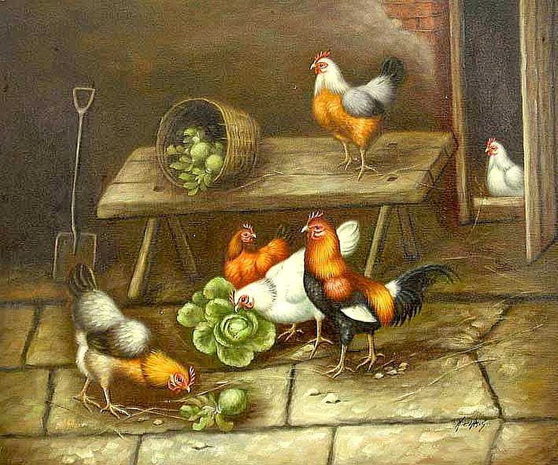 Among hens, hen, art, al, coop, painting, animal, HD wallpaper