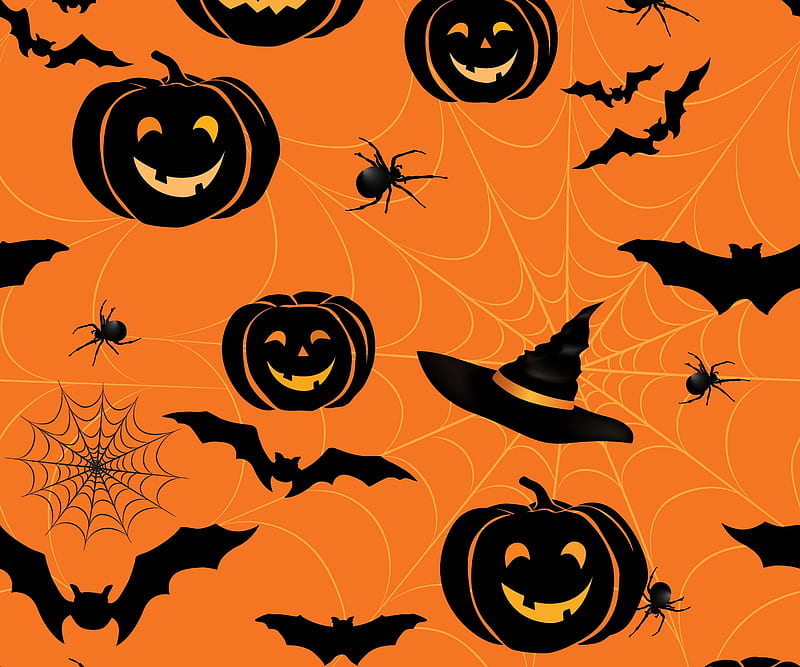 Pattern, black, pumpkin, texture, bat, orange, hat, spider, halloween, web, HD wallpaper