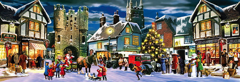 The Town Centre, sleigh, christmas, town, centre, children, trees, snowman, christmas lights, lights, santa, snow, people, HD wallpaper