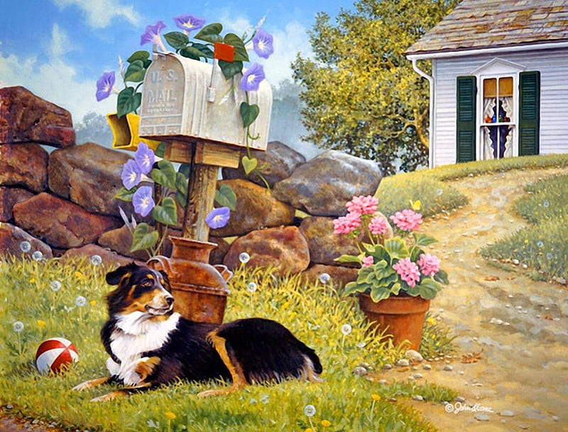 Waitin', house, grass, cottage, pot, bonito, adorable, villa, sweet, countryside, ball, nice, painting, path, flowers, dog, puppy, art, lovely, spring, sky, yard, master, cute, pet, waiting, summer, HD wallpaper